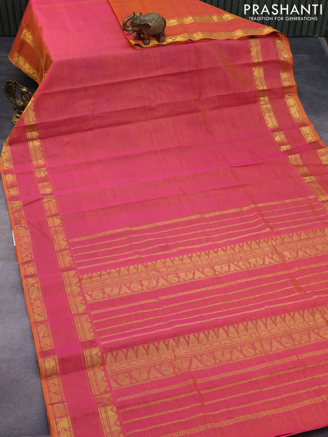 Silk cotton saree dual shade of pinkish orange with plain body and rettapet zari woven border