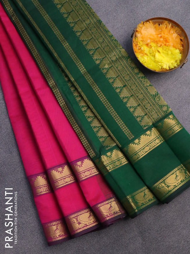 Silk cotton saree pink and green with plain body and rettapet zari woven border