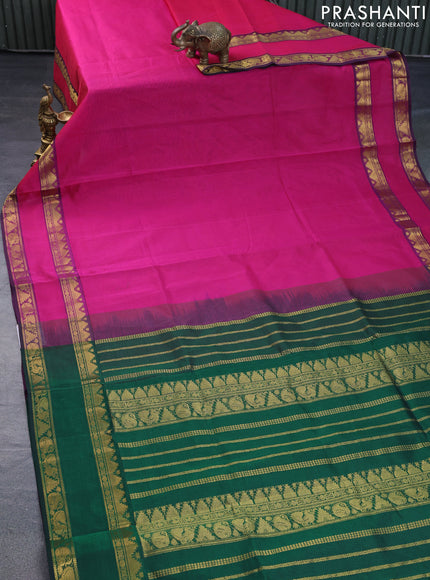 Silk cotton saree pink and green with plain body and rettapet zari woven border