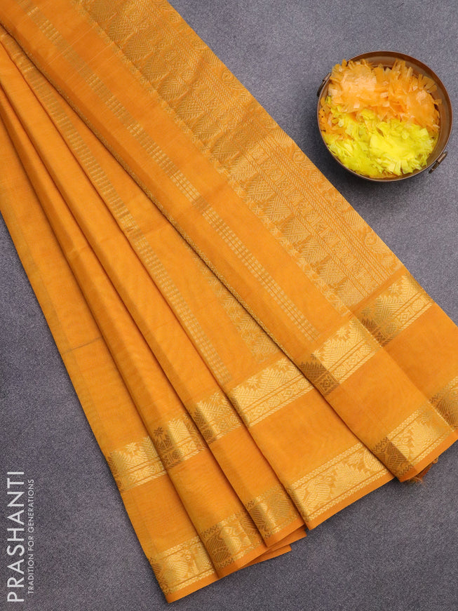 Silk cotton saree mango yellow with plain body and rettapet zari woven border