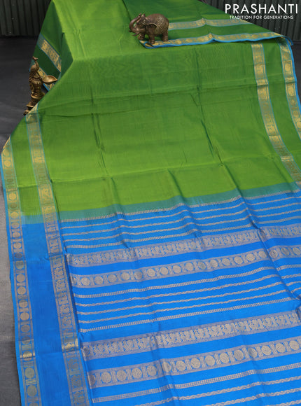 Silk cotton saree light green and cs blue with plain body and rettapet zari woven border