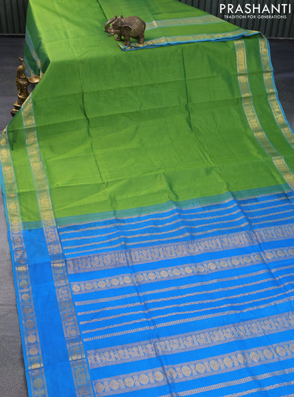 Silk cotton saree light green and cs blue with plain body and rettapet zari woven border