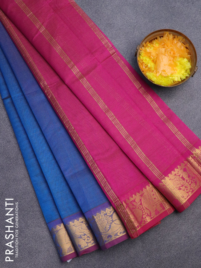 Silk cotton saree peacock blue and magenta pink with allover vairaosi pattern and zari woven border