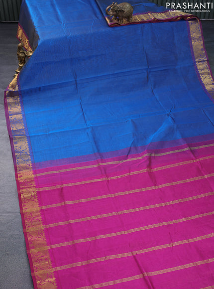 Silk cotton saree peacock blue and magenta pink with allover vairaosi pattern and zari woven border