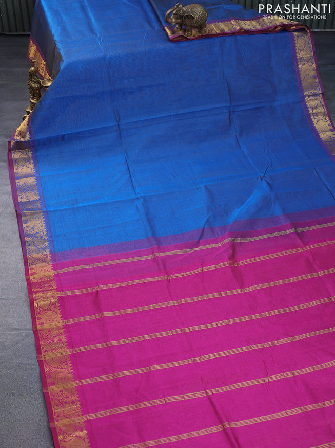 Silk cotton saree peacock blue and magenta pink with allover vairaosi pattern and zari woven border