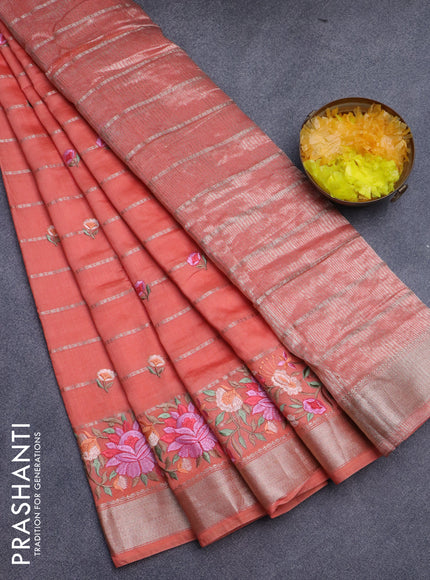 Assam silk saree peach orange with allover zari weaves & embroidery work buttas and floral design embroidery work zari border