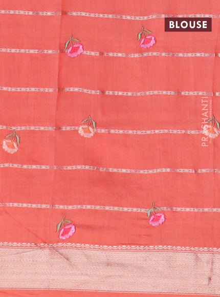 Assam silk saree peach orange with allover zari weaves & embroidery work buttas and floral design embroidery work zari border