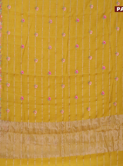 Assam silk saree mustard yellow with allover zari weaves & embroidery work buttas and floral design embroidery work zari border