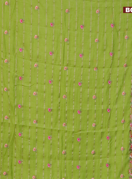 Assam silk saree fluorescent green with allover zari weaves & embroidery work buttas and floral design embroidery work zari border