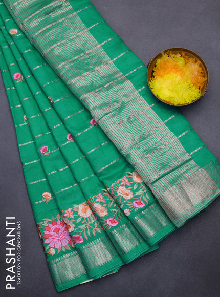 Assam silk saree teal green with allover zari weaves & embroidery work buttas and floral design embroidery work zari border