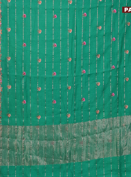 Assam silk saree teal green with allover zari weaves & embroidery work buttas and floral design embroidery work zari border