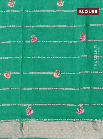 Assam silk saree teal green with allover zari weaves & embroidery work buttas and floral design embroidery work zari border