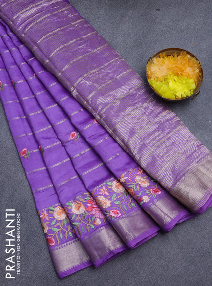 Assam silk saree violet with allover zari weaves & embroidery work buttas and floral design embroidery work zari border