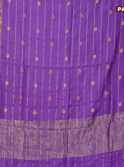 Assam silk saree violet with allover zari weaves & embroidery work buttas and floral design embroidery work zari border