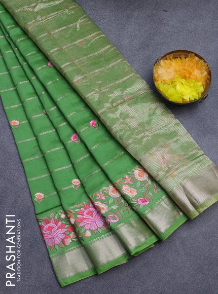 Assam silk saree light green with allover zari weaves & embroidery work buttas and floral design embroidery work zari border