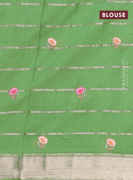 Assam silk saree light green with allover zari weaves & embroidery work buttas and floral design embroidery work zari border