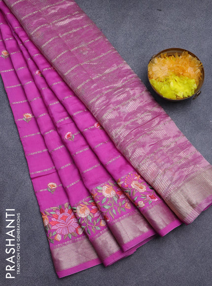 Assam silk saree pink with allover zari weaves & embroidery work buttas and floral design embroidery work zari border