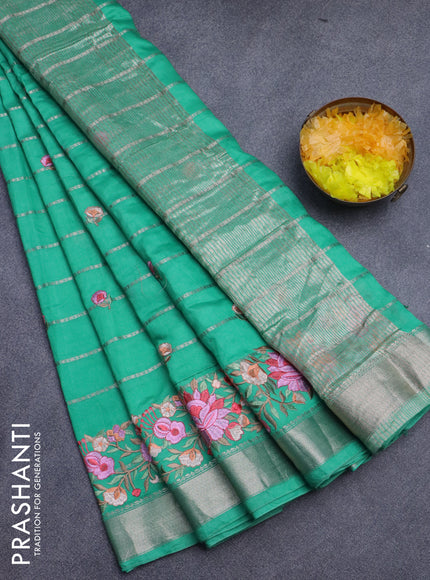 Assam silk saree teal green with allover zari weaves & embroidery work buttas and floral design embroidery work zari border