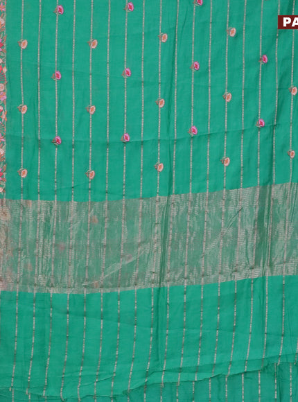 Assam silk saree teal green with allover zari weaves & embroidery work buttas and floral design embroidery work zari border