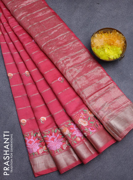 Assam silk saree pink shade with allover zari weaves & embroidery work buttas and floral design embroidery work zari border