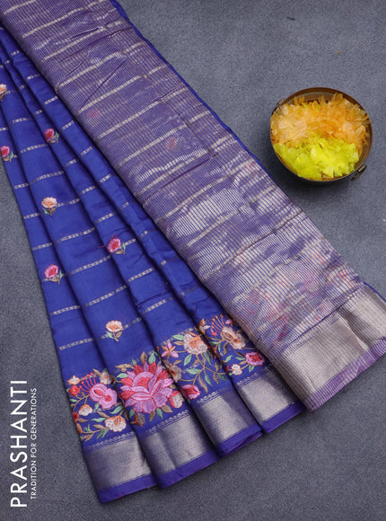 Assam silk saree blue with allover zari weaves & embroidery work buttas and floral design embroidery work zari border