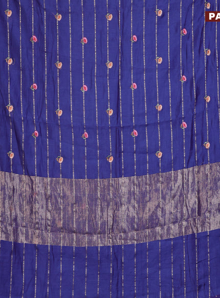 Assam silk saree blue with allover zari weaves & embroidery work buttas and floral design embroidery work zari border