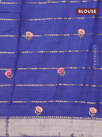 Assam silk saree blue with allover zari weaves & embroidery work buttas and floral design embroidery work zari border