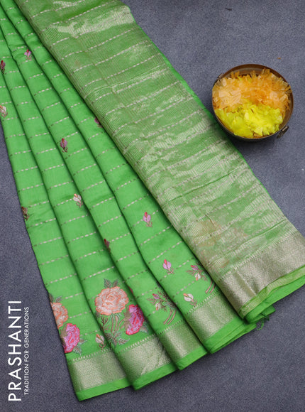 Assam silk saree light green with allover zari weaves & embroidery work buttas and floral design embroidery work zari border