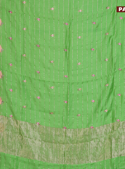 Assam silk saree light green with allover zari weaves & embroidery work buttas and floral design embroidery work zari border