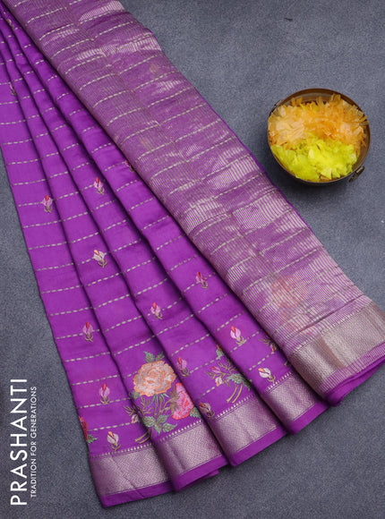 Assam silk saree purple with allover zari weaves & embroidery work buttas and floral design embroidery work zari border