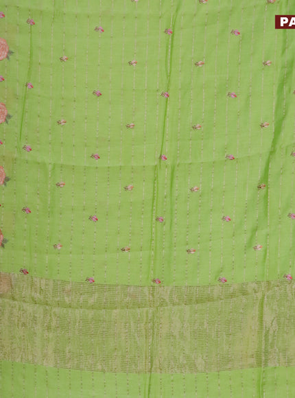 Assam silk saree fluorescent green with allover zari weaves & embroidery work buttas and floral design embroidery work zari border