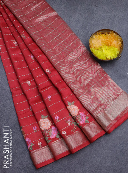 Assam silk saree red with allover zari weaves & embroidery work buttas and floral design embroidery work zari border