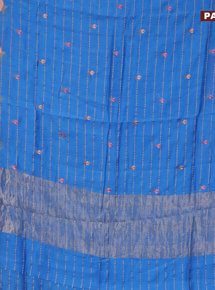 Assam silk saree cs blue with allover zari weaves & embroidery work buttas and floral design embroidery work zari border