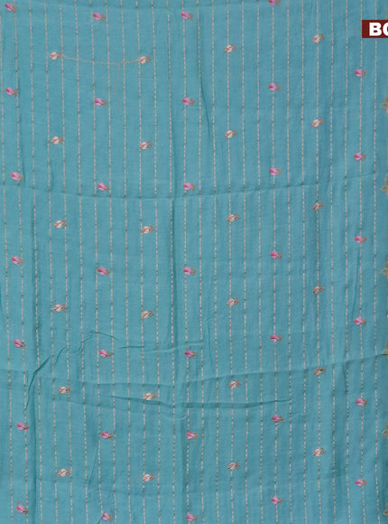 Assam silk saree teal blue shade with allover zari weaves & embroidery work buttas and floral design embroidery work zari border