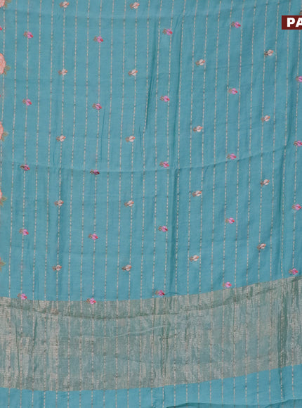 Assam silk saree teal blue shade with allover zari weaves & embroidery work buttas and floral design embroidery work zari border