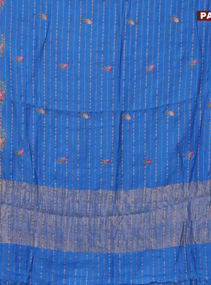 Assam silk saree blue with allover zari weaves & embroidery work buttas and floral design embroidery work zari border