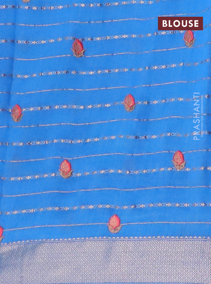 Assam silk saree blue with allover zari weaves & embroidery work buttas and floral design embroidery work zari border