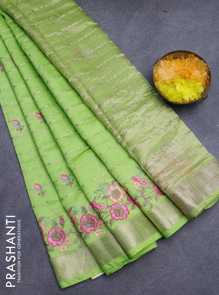 Assam silk saree light green with allover zari weaves & embroidery work buttas and floral design embroidery work zari border