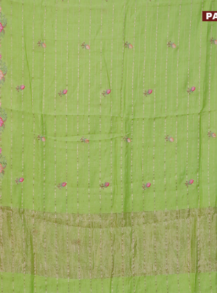 Assam silk saree light green with allover zari weaves & embroidery work buttas and floral design embroidery work zari border