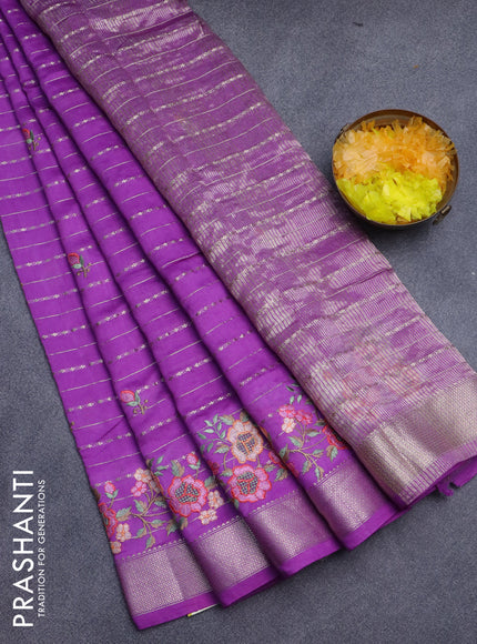 Assam silk saree violet shade with allover zari weaves & embroidery work buttas and floral design embroidery work zari border