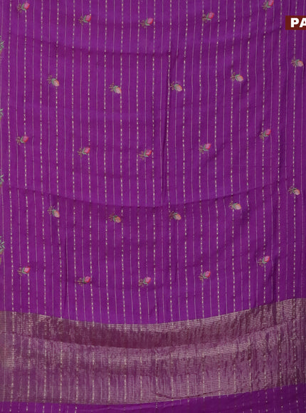 Assam silk saree violet shade with allover zari weaves & embroidery work buttas and floral design embroidery work zari border