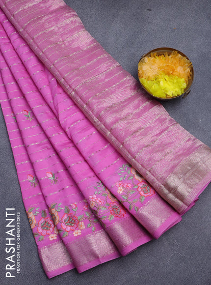 Assam silk saree pink with allover zari weaves & embroidery work buttas and floral design embroidery work zari border