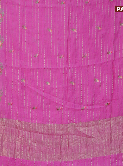 Assam silk saree pink with allover zari weaves & embroidery work buttas and floral design embroidery work zari border