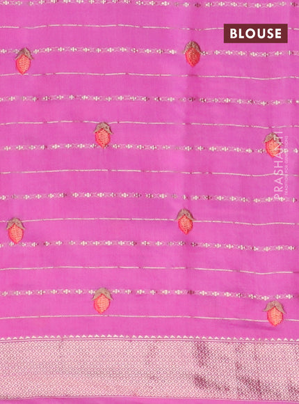 Assam silk saree pink with allover zari weaves & embroidery work buttas and floral design embroidery work zari border