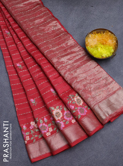 Assam silk saree red with allover zari weaves & embroidery work buttas and floral design embroidery work zari border