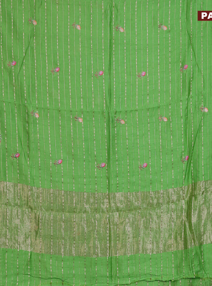 Assam silk saree parrot green with allover zari weaves & embroidery work buttas and floral design embroidery work zari border