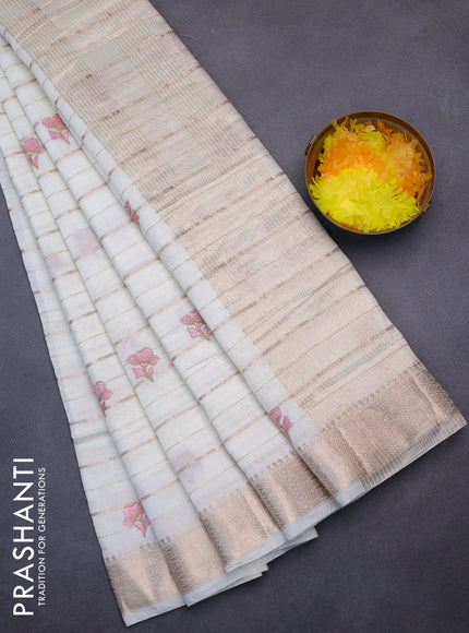 Assam silk saree off white and pink with allover zari weaves & embroidery work buttas and zari woven border