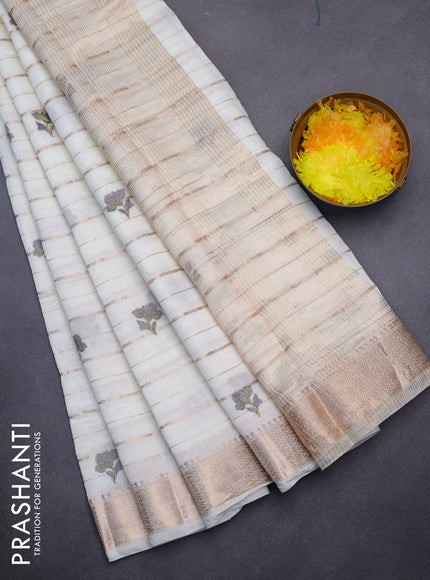 Assam silk saree off white and grey with allover zari weaves & embroidery work buttas and zari woven border