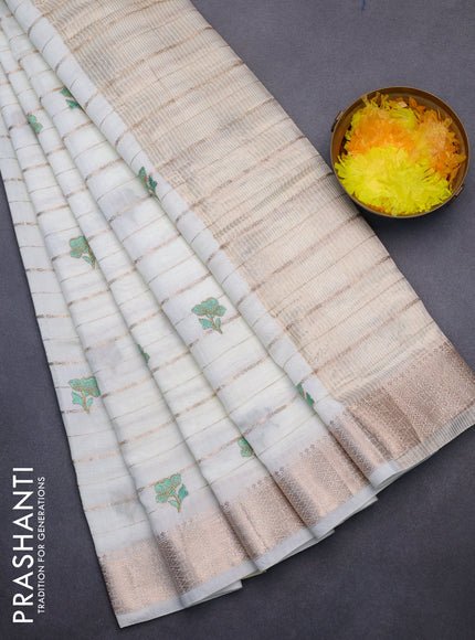 Assam silk saree off white and teal green with allover zari weaves & embroidery work buttas and zari woven border