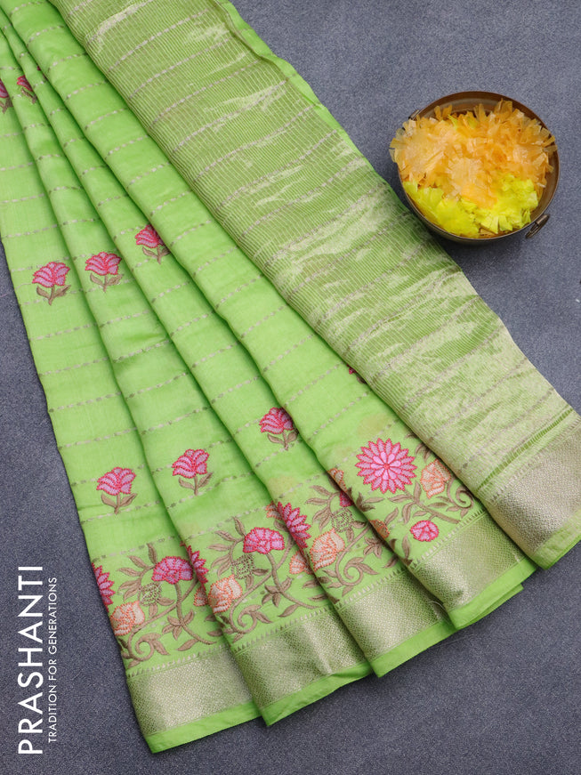 Assam silk saree light green with allover zari weaves & embroidery work buttas and floral design embroidery work zari border